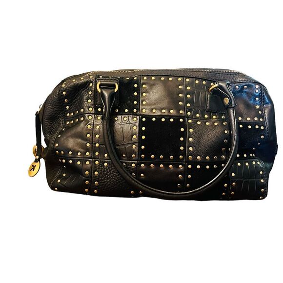 Michael Kors Astor black Leather Patchwork Croc Embossed Studded Satchel Suede - Picture 1 of 13